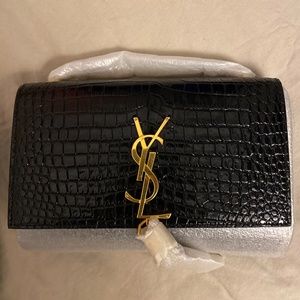 YSL KATE SMALL CHAIN BAG WITH TASSEL IN CROCODILE-EMBOSSED SHINY LEATHER